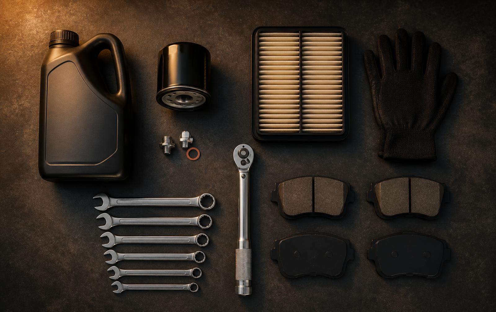 Motor oil, filters, wrenches, torque wrench and brake pads laid out on a workbench